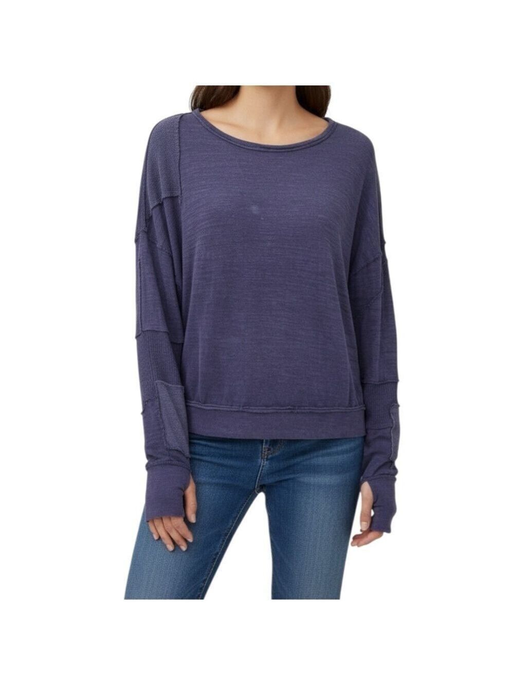 Free People We The Free Vanguard Patchwork Waffle Knit Pullover Top XS Navy Blue